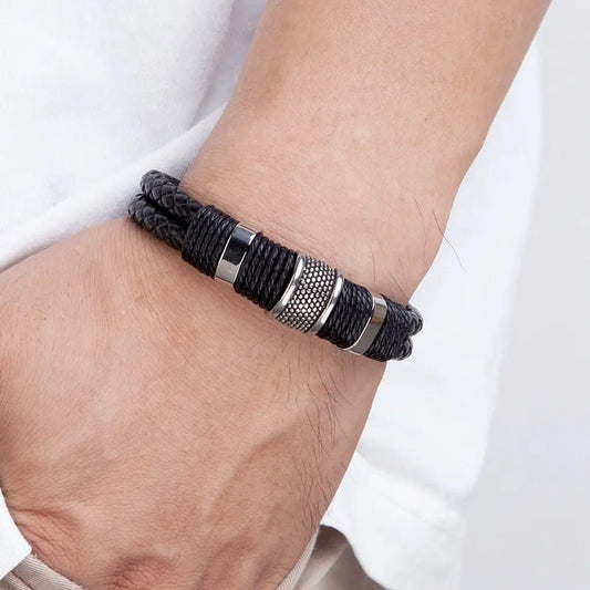 Woven Leather Rope Stainless Steel Men's Leather Bracelet - Musttbuy