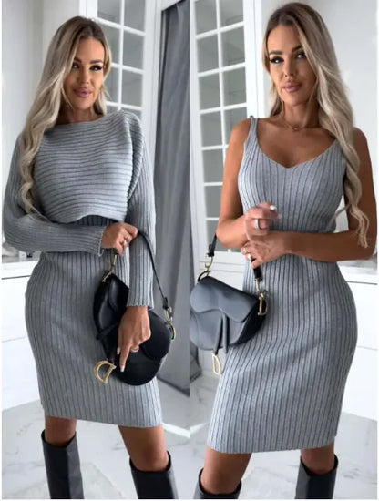 2pcs Women's Solid Stripe Long-sleeved Top And Tight Suspender Skirt